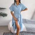 thumbnail image 5 of QUYUON Mini Dresses for Women Summer Casual Ruffle V-Neck Short Sleeve Babydoll Dress Front Tie Knot Solid Color Pleated A-Line Short Dress Beach Sundress Style D-1726 Light Blue M, 5 of 9
