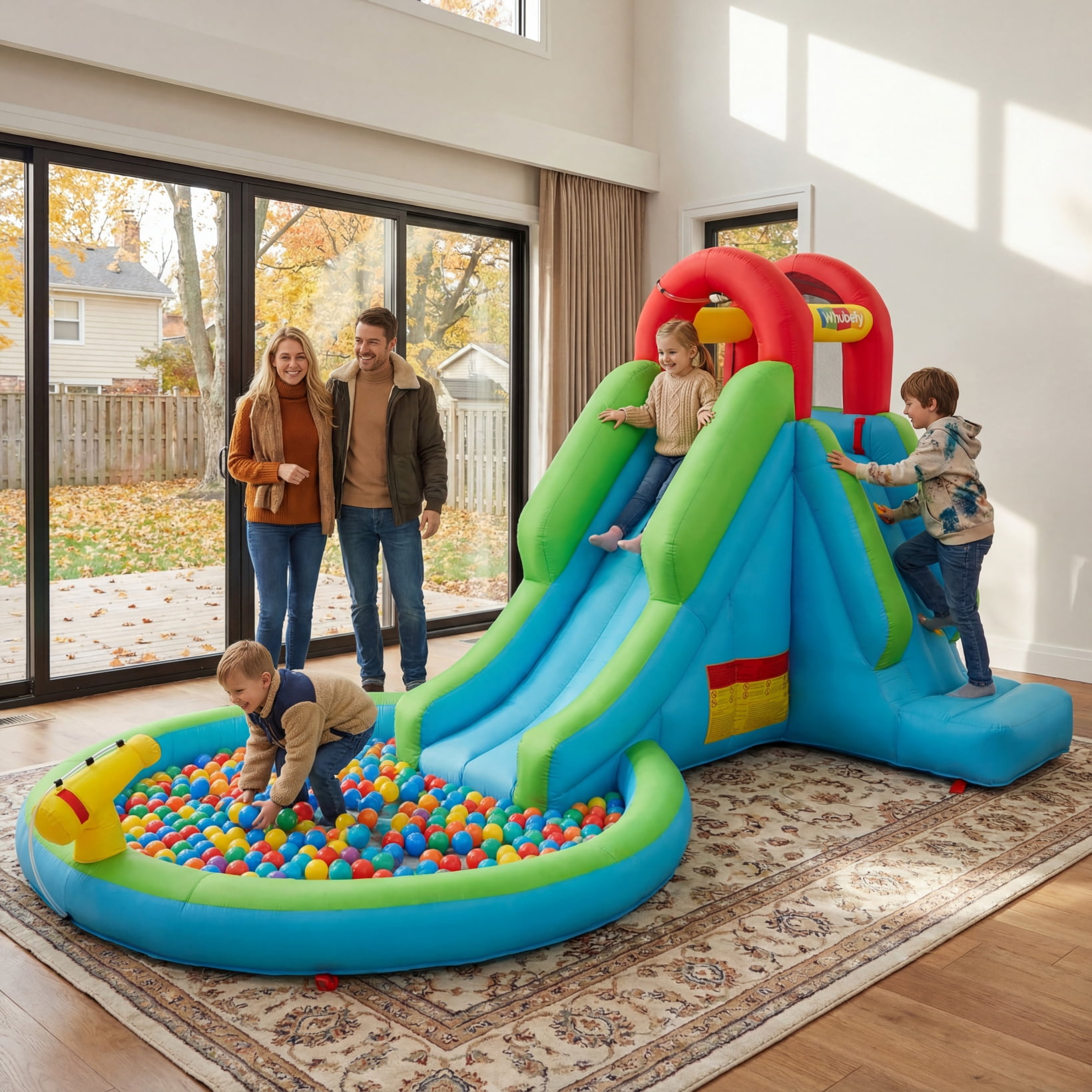 Adnoom Bounce House with 322W Blower, Water Slide with Large Pool/Ball Pit, Inflatable Bounce House with Water Cannon, Climbing Wall, Bouncing Castle for Kids 3-10 Backyard, Party, Gift