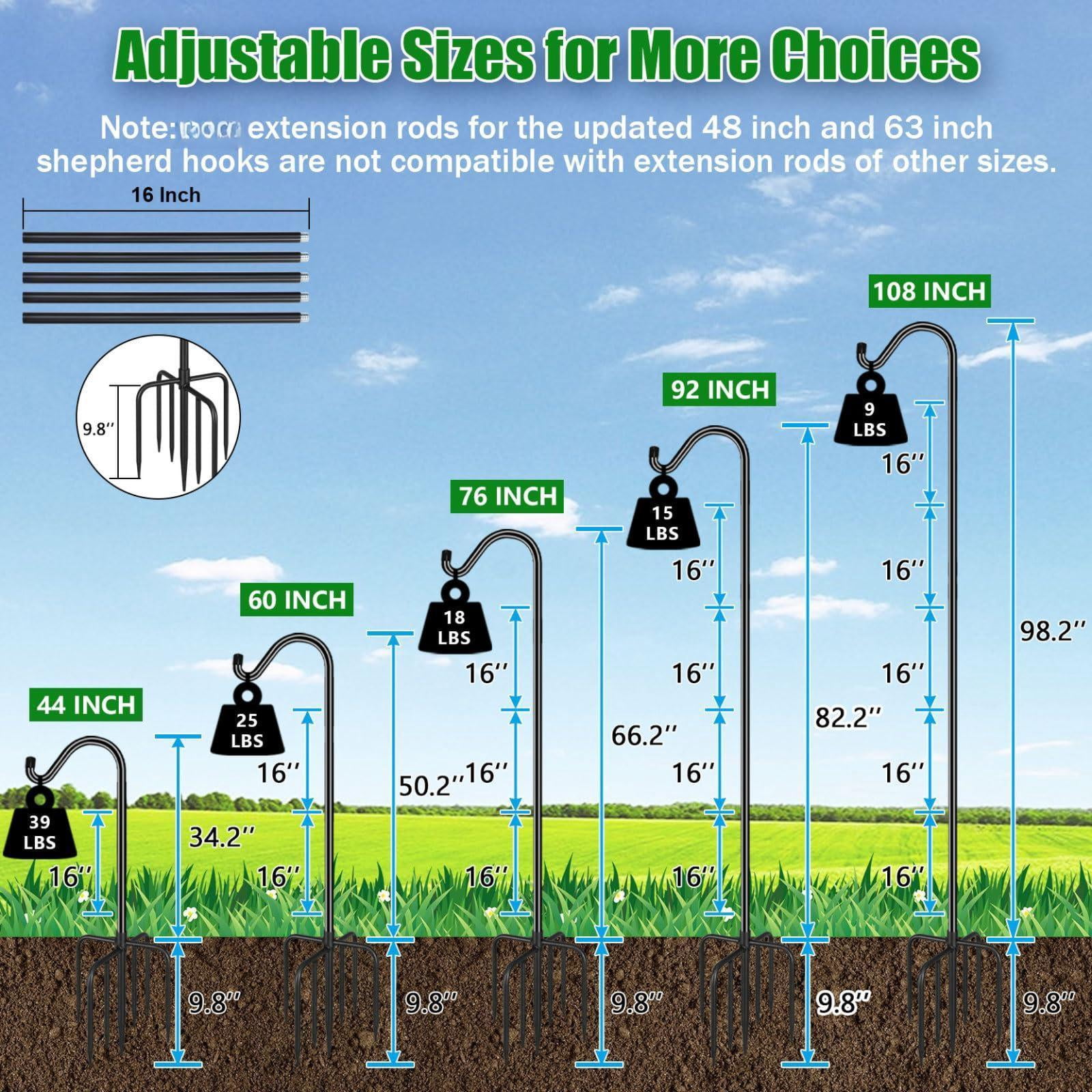 Adjustable Shepherd Hook Bird Feeder Pole With 7 Prongs Base  108 Inch Tall 5/8 Thick Heavy Duty Outdoor Poles For Hanging Feeders Plant Baskets Black (1 Pack)