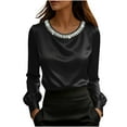 thumbnail image 5 of Women's Satin Long Sleeve Top Blouse Shirt with Pearl Embellished Round Neckline Solid Color Elegant for Casual Work Office Commuting and Business Outfits Fashion Essential Gift for Women, 5 of 9