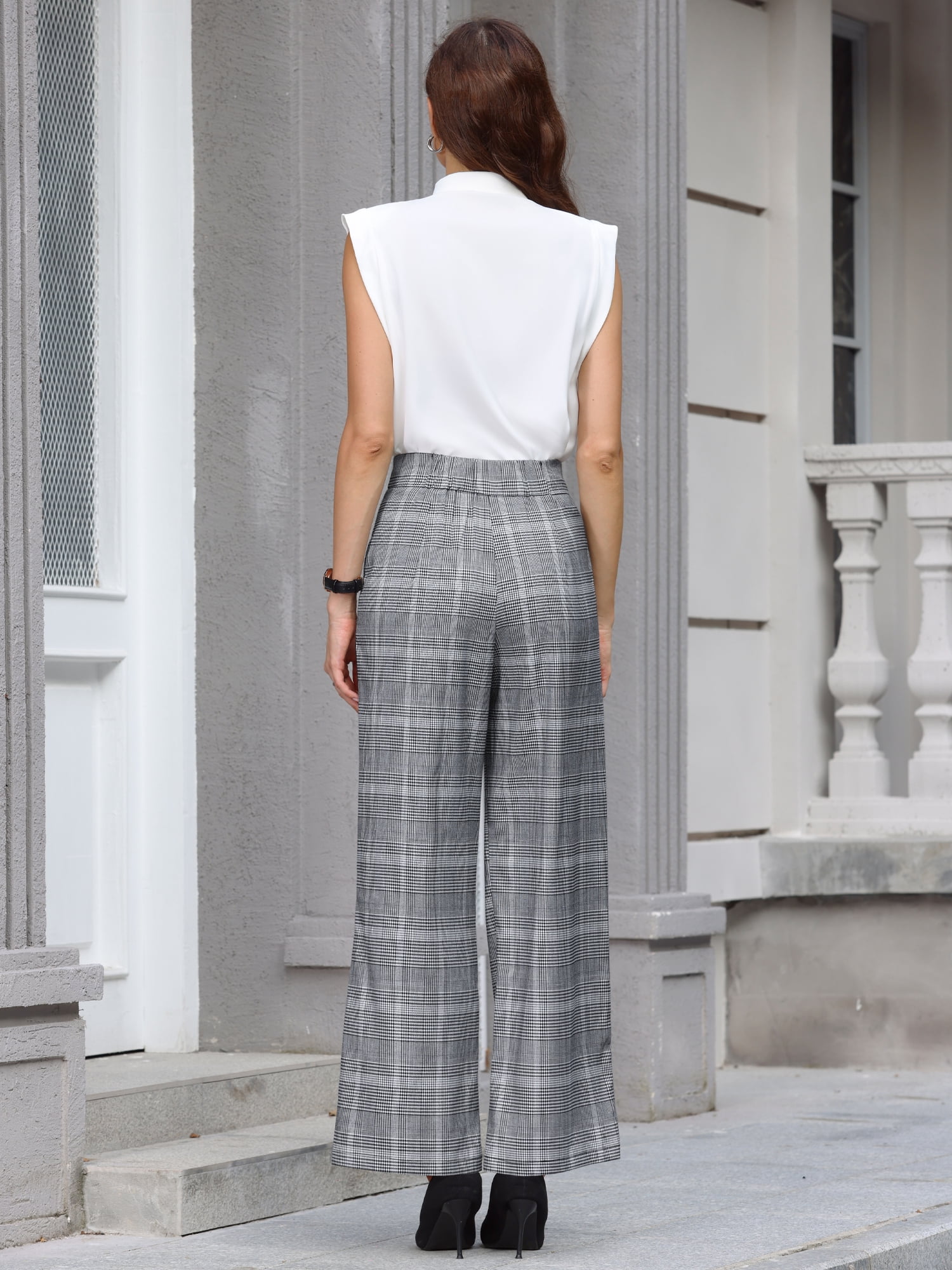 DARING DIVA Women's Plaid Vintage Wide Leg Trousers for Work X-Large Black White