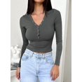 thumbnail image 5 of Womens Long Sleeve Shirts Fall Clothes Henley Tops Business Casual Ribbed Blouses Fashion Trendy Outfits Dark Gray XL, 5 of 8