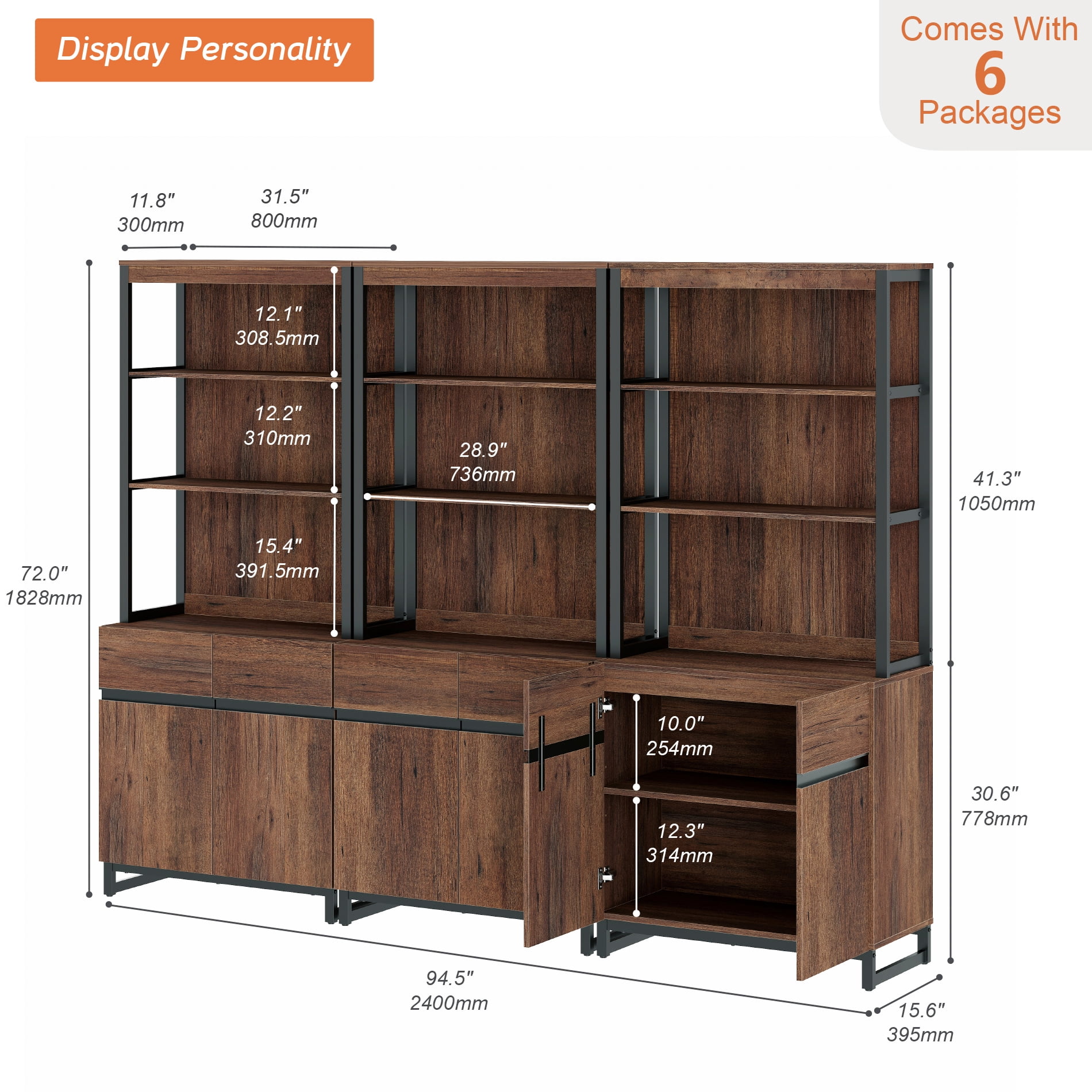 WAMPAT 3-Piece Modern 72" Tall Bookcases, Wood Bookshelves with Metal Base, Adjustable Shelves, Storage Cabinet & Open Shelving,Library Shelf for Home Office & Living Room