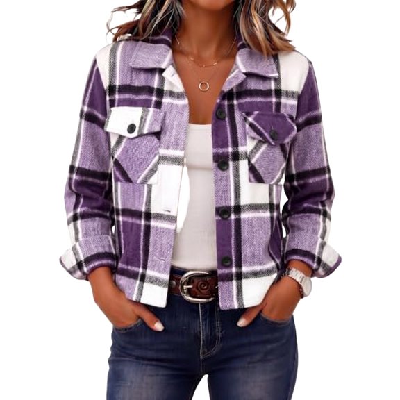 Womens Plaid Flannel Shacket Button Front Lapel Collar Long Sleeve Cropped Jacket with Chest Pockets L
