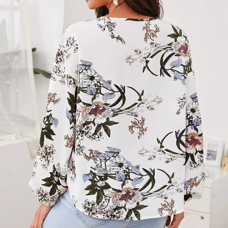 Long Sleeve Shirts Dressy Plus Size Tops for Women Tunic Tops to Wear with Leggings  Comfy Flowy Hide Belly Long Shirt Round Neck Floral Graphic White M 