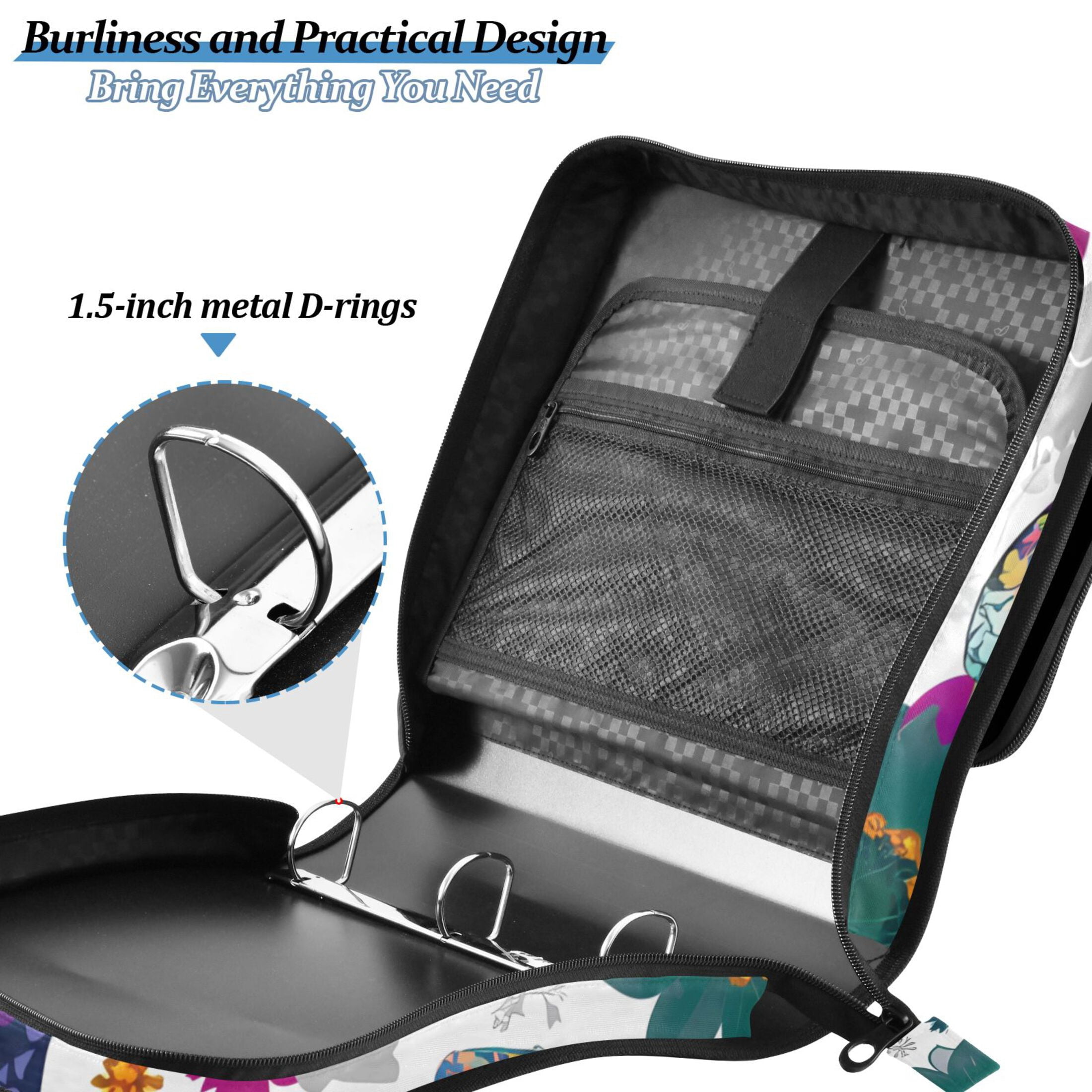 3 Ring Zipper Binder with Shoulder Strap Waterproof Trapper Keeper 2 Inch D-Ring 500 Sheets Capacity Colorful Butterflies and Flowers