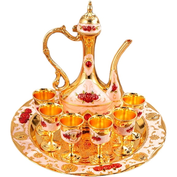 Vintage Turkish Tea Set: Exquisite Turkish Coffee Cup Set Including Metal Teapot, 6 Cups & Tea Tray for Home Decor Birthday Christmas Wedding Restaurant Hotel (A3)