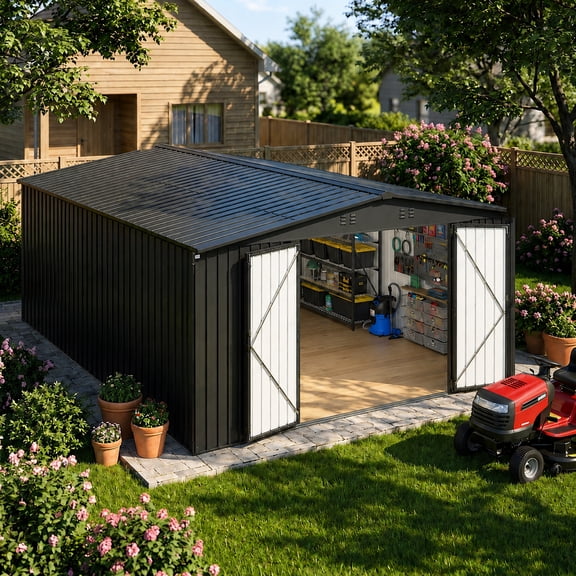 EASYHAWK 10x14FT Metal Outdoor Storage Shed, Heavy-Duty Steel Garden Shed with Lockable Doors for Backyard, Patio, Lawn