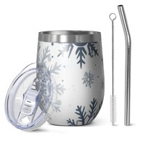 12oz Stemless Wine Tumblers Blue Christmas Snowflake Pattern Vacuum Insulated Stainless Steel Travel Tumbler Cups Mug with Lid and Straw for Champaign,Cocktail,Beer with Cleaning Brush