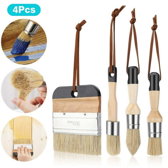 TSV 4Pcs Chalk Paint Brush Set, Natural Bristle Furniture Brushes with Wooden Handle for Painting or Waxing Home Décor and DIY Crafts
