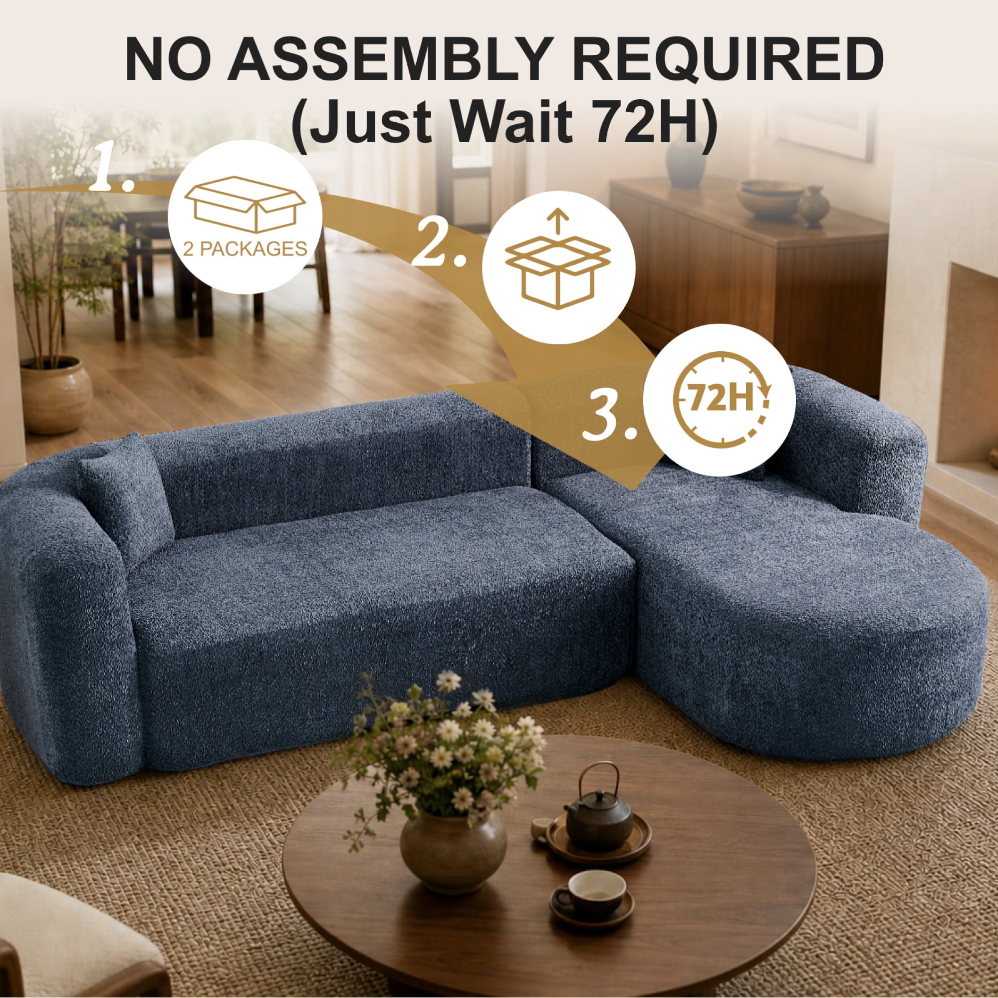 Leumius 109.4" Sectional Couch with L-Shaped Chaise, Boneless Modular Sectional Sofa for Living Room, Bedroom(Right- Blue)