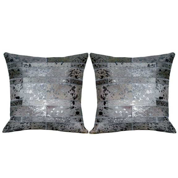 Hilason Set Of 2 Cowhide Leather Hair-On Patchwork Cushion Pillow Cover 16 X 16