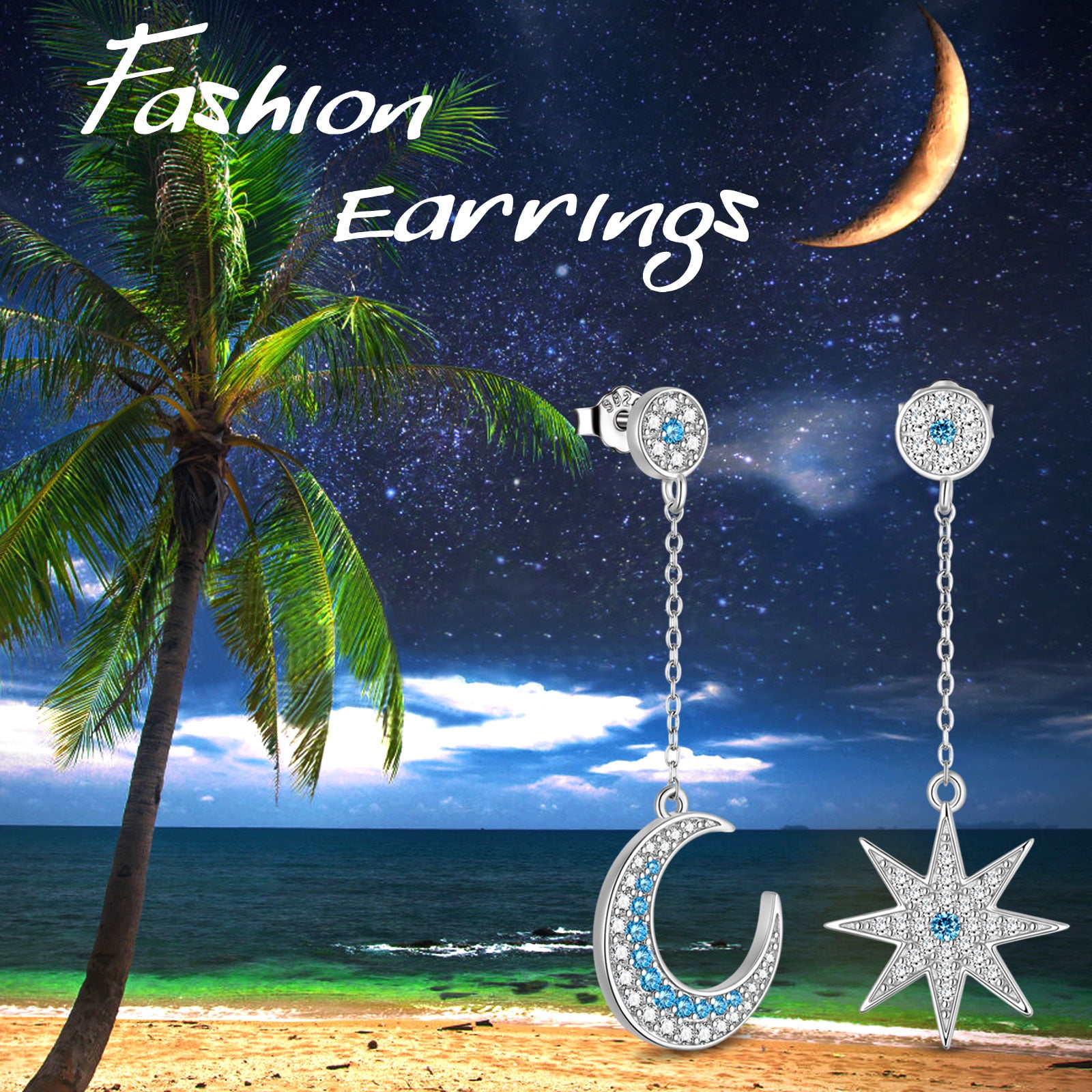 Juwaliy 925 Sterling Silver Asymmetric Moon Star Dangle Drop Earrings Dangle Blue Crystal Jewelry Christmas Valentine's Day Gift for Women Mother Wife