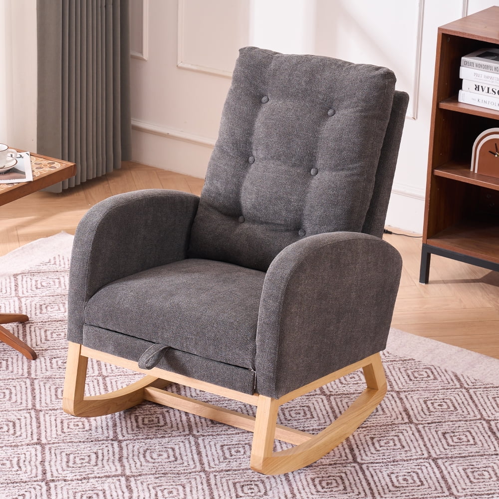 LUCKHAO   Accent Rocking Chair with High Back , Nursery Rocking Chair with Retractable Foot Rest,  Glider Rocking Chair with Solid Wood Legs ,Button Decors Mid Century Rocker Chair