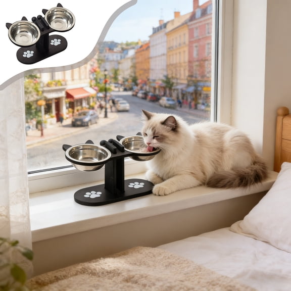 Anti-Slip Elevated 2-Bowl Pet Feeder, Elevated Cat Food Bowls 15°Tilted Stand Anti Vomiting Raised Cat Dishes for Food Water 2 Stainless Steel Bowls for Cats Dogs(Black)