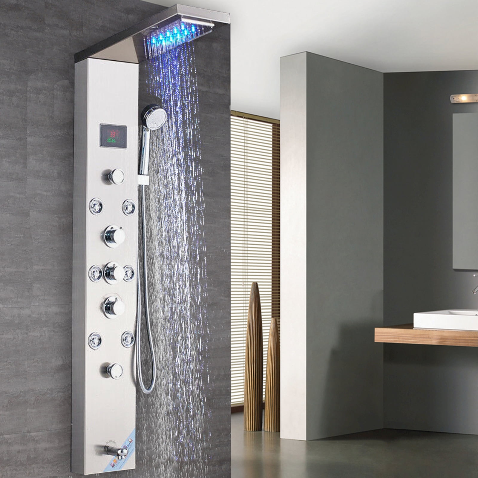 CES Shower Panel Tower System Stainless Steel 5Function Faucet LED Rainfall Waterfall Shower