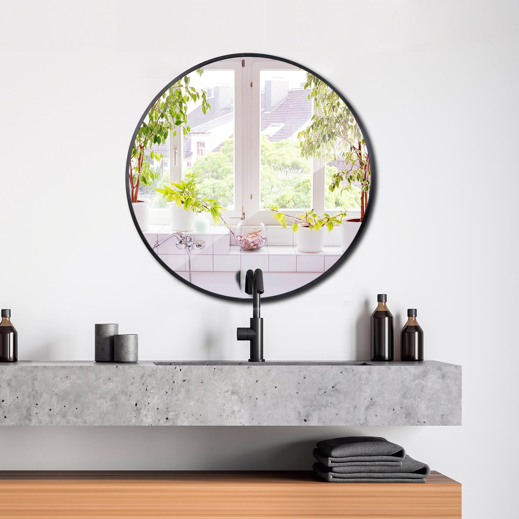 ZENY 24 inch Round Wall Mirror Modern Black Frame Bathroom Circle