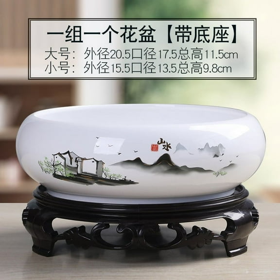 Elainilye Ceramic Hydroponic Flower Bowl with Plastic Stand, Chinese Style Water Planter for Indoor Plants, Decorative Bonsai Pot for Office Desk, Home Garden, Tabletop Decor