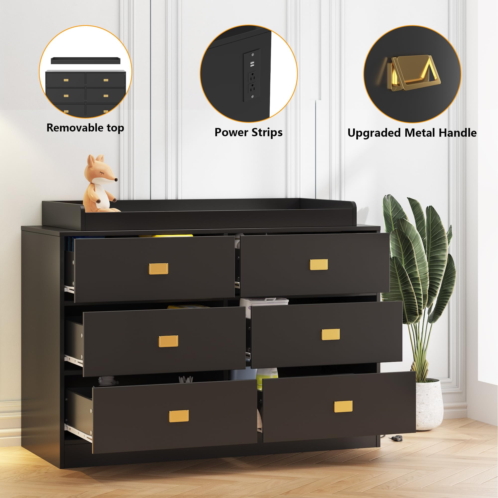 Changing Table Dresser with 6 Drawers& Power Outlets,Nursery Storage Organizer with Changing Pad & Removable Top,6 Drawers Dresser for Bedroom