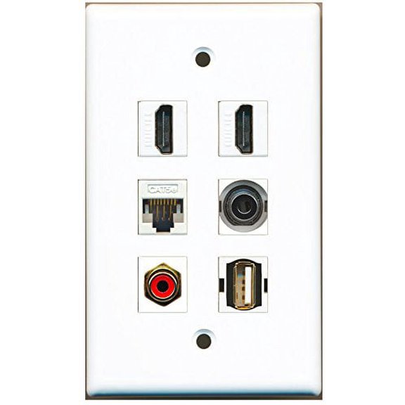 RiteAV - 2 HDMI 1 Port RCA Red 1 Port USB A-A 1 Port 3.5mm 1 Port Cat5e Ethernet White Wall Plate