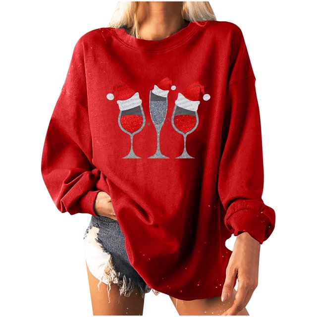 CEHVOM Women Christmas Print Loose O-Neck Long-Sleeved Fleece Oversized Sweatshirt Pullover