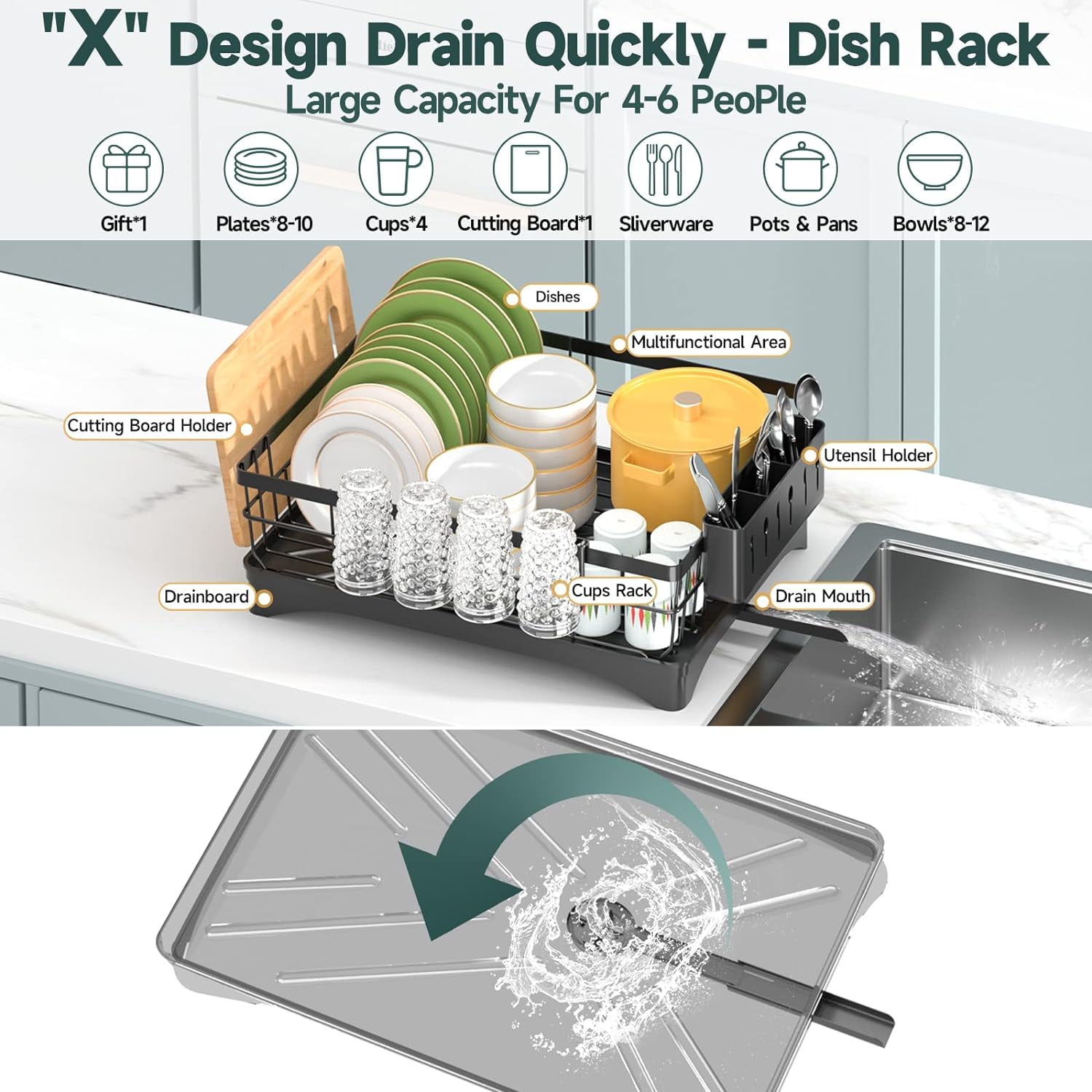 Dish Drying Rack, AOKIWO Kitchen Counter Stainless Steel Large 1 Tier Dish Drainer with Drainboard Over Sink for Cups, Knives, Spoons, and Forks (L16.9"*W12.5")