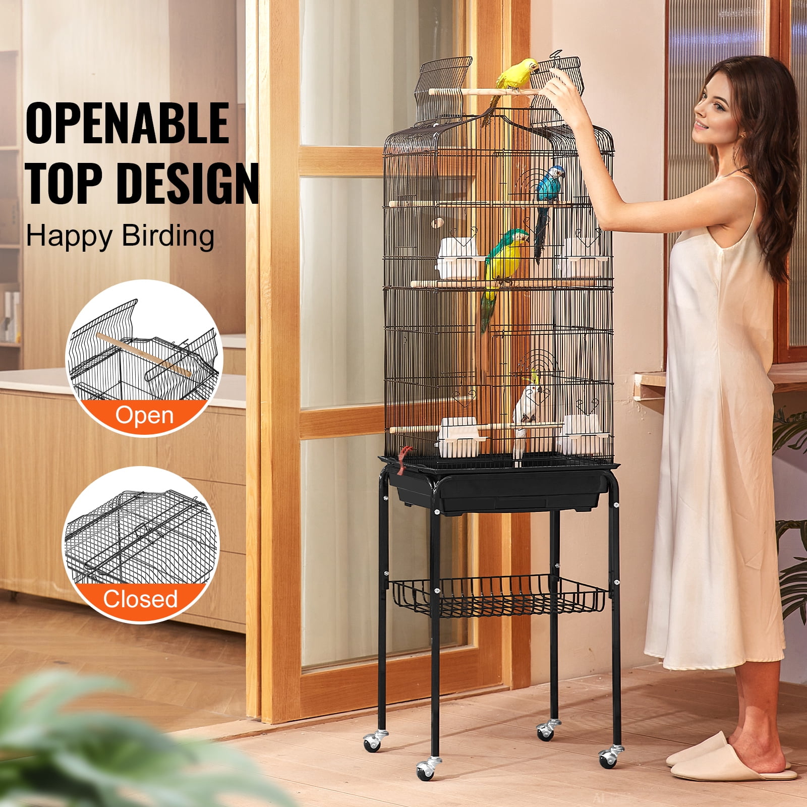 KFFKFF Spacious Bird Enclosure, 62 inches, Uncovered Top Canary Habitat with Mobile Base, Iron Aviary with Detachable Pan, Finch Birdhouse with 4 Roosts, Lovebird and Cockatiel Pet Playhouse