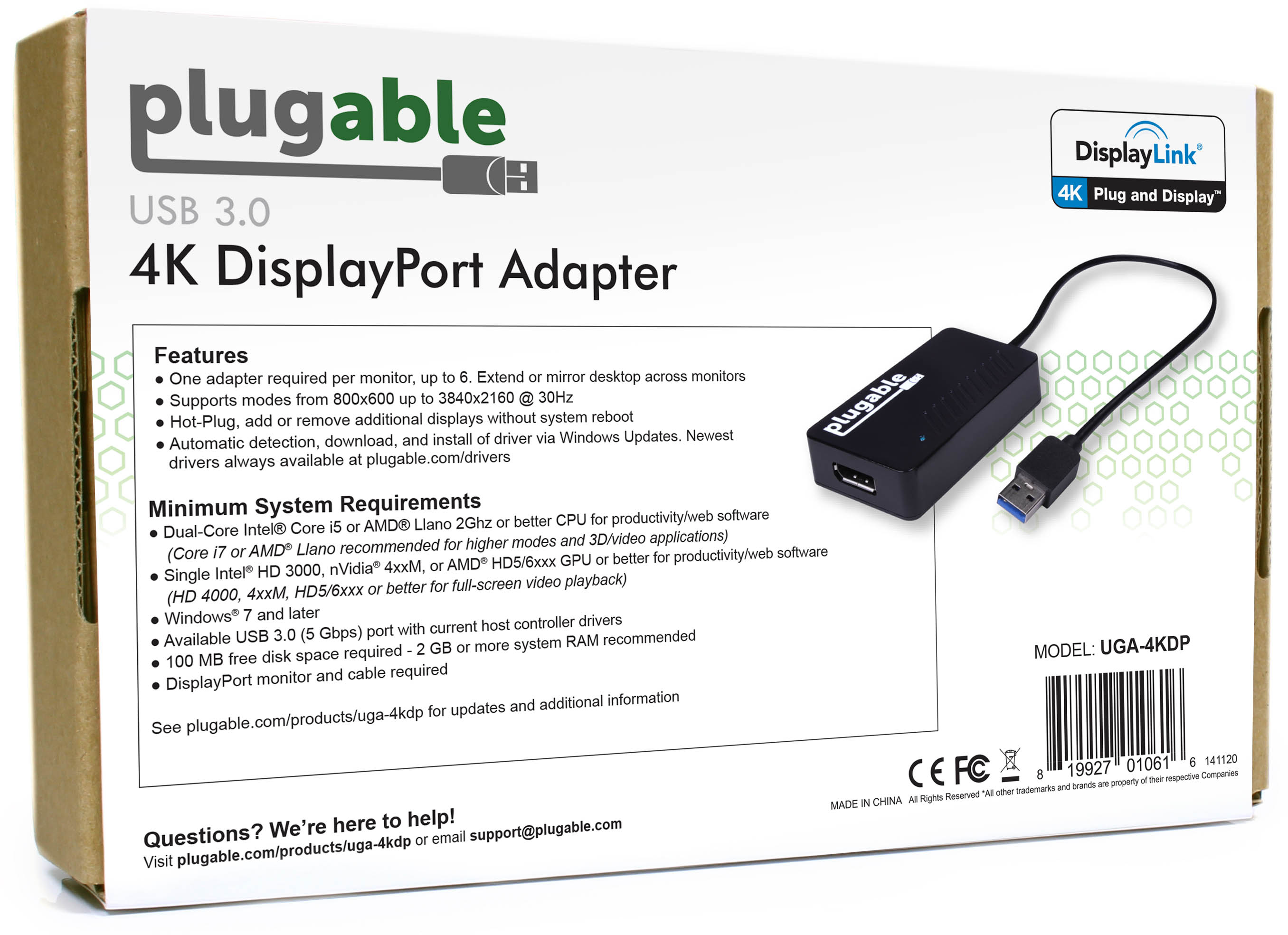 Plugable USB 3.0 to DisplayPort 4K UHD Video Graphics Adapter for Multiple Monitors up to 3840x2160 Supports Windows 11,10, 8.1, 7, and macOS - image 3 of 5