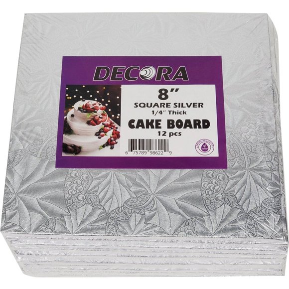 Decora Silver Square Cake Board - 8x8x1/4 - Pack of 12 - Perfect for Small Cakes and Treats (12ct)