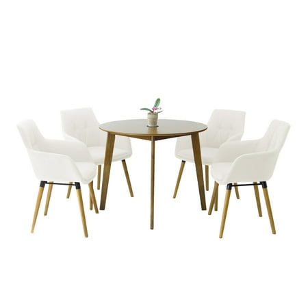 5 Piece Dining Set 4 Modern Style Solid Wood Alba Armchairs w Round Dining Table Kitchen Set for Four Modern Armchairs and Round Table Dining Table Set Cream Color
