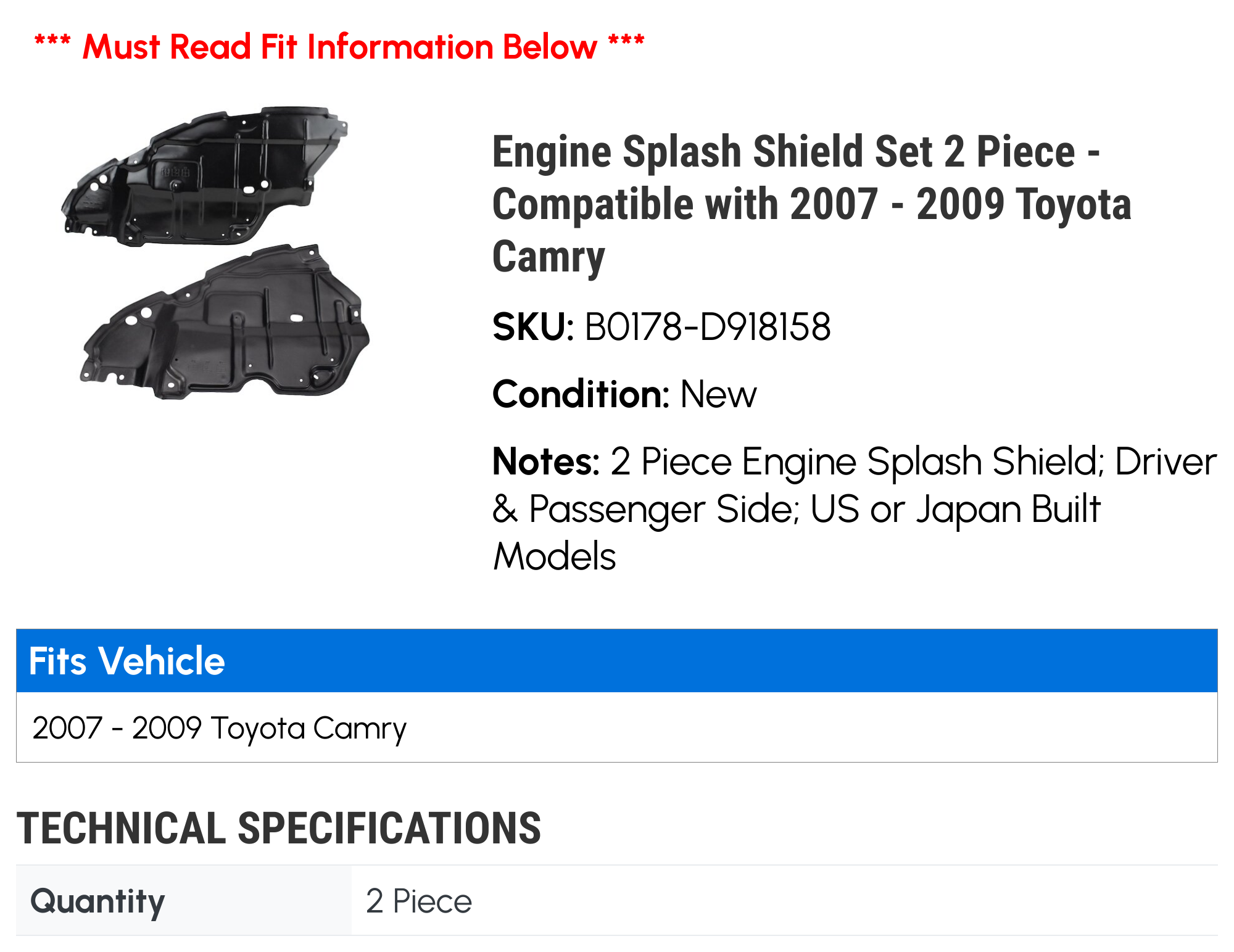 Front Left Driver Side Splash Shield Fender Liner For 2002-2006 Toyota Camry – Replaces 53876AA011