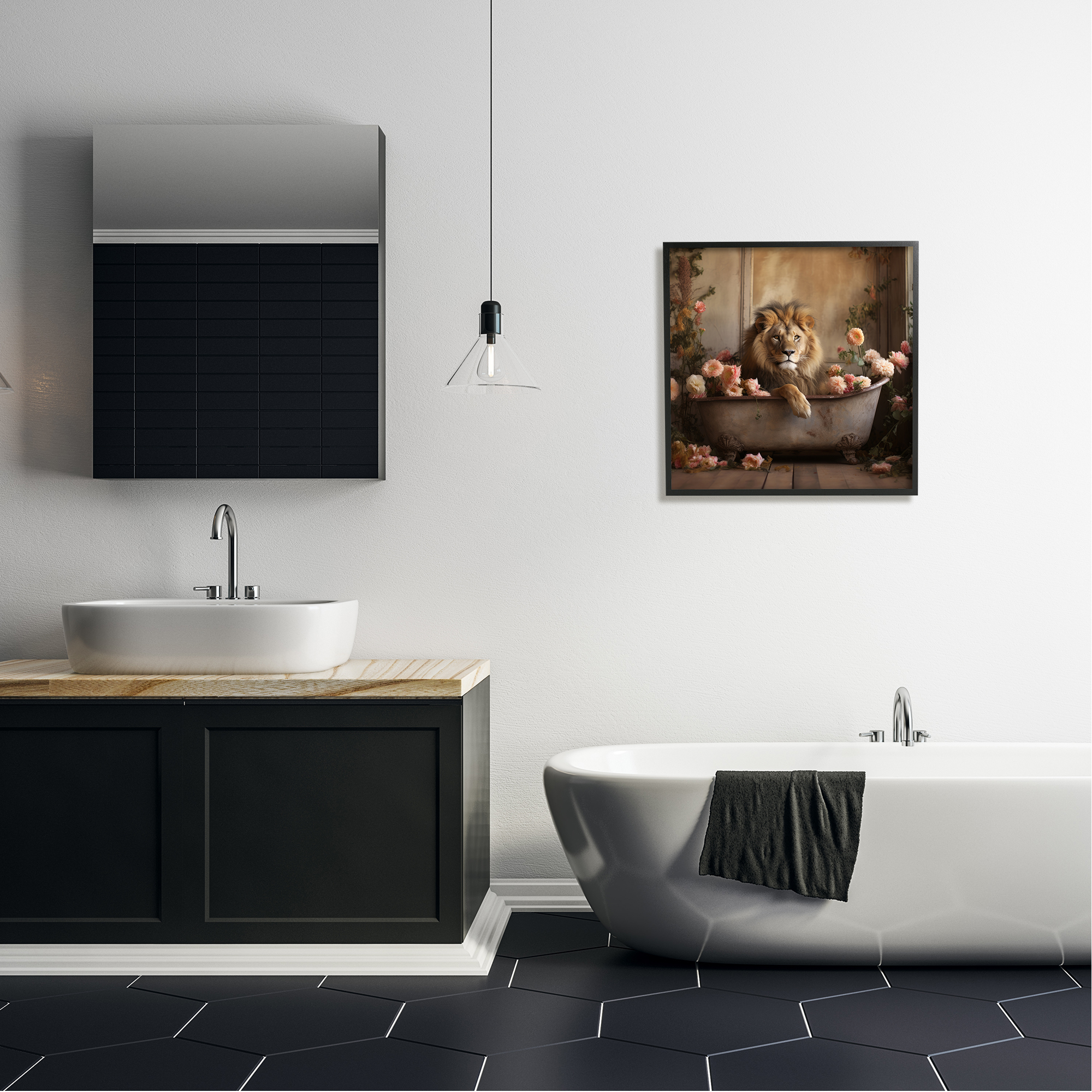 Stupell Industries Lion in Flower Filled Tub Animals & Insects Painting Black Framed Art Print Wall Art, 24 x 24
