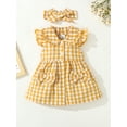thumbnail image 2 of 18 Months Baby Girls Dress Toddler Girls Summer Plaid Dress 24 Months Girls Flying Sleeve Lapel Dress with Headband Yellow, 2 of 7