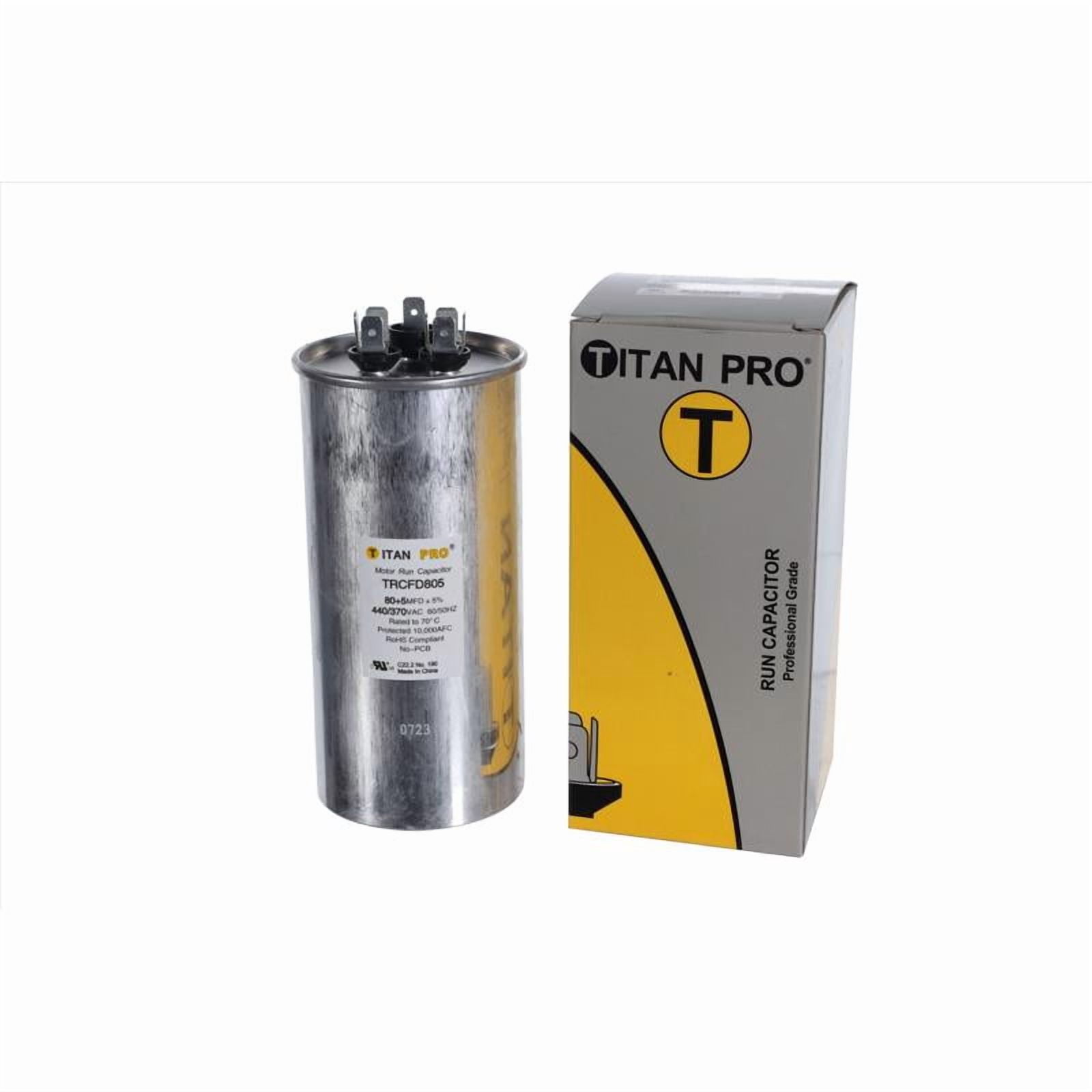 Packard Titan Pro Run Capacitor, Round, 80+5 Mfd, 370V-440V, TRCFD805