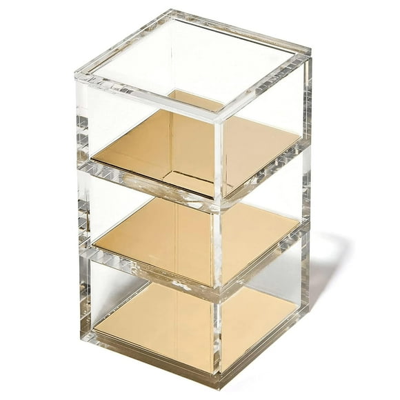 OfficeGoods Support Acrylique Empilable à 3 Niveaux - Organisateur de Bureau et Rangement Élégant pour Bureau Ou Maison – Design Carré Transparent avec Base en Métal Doré