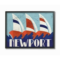 The Stupell Home Decor Collection Lithograph Poster Style Blue Red and White Striped Newport Sailboats Framed Giclee Texturized Art