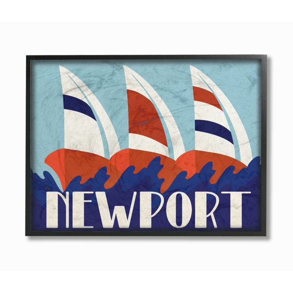 The Stupell Home Decor Collection Lithograph Poster Style Blue Red and White Striped Newport Sailboats Framed Giclee Texturized Art