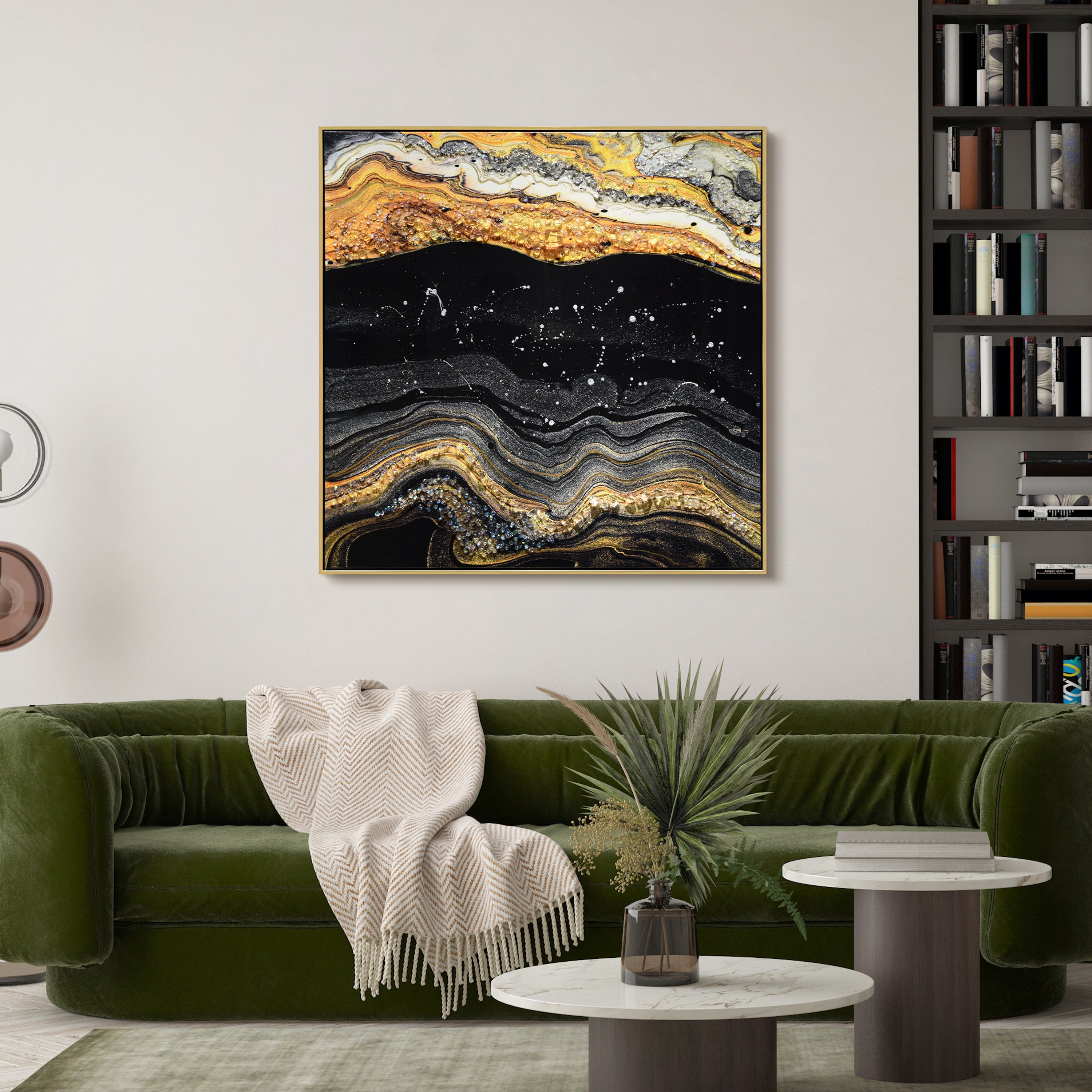 "Golden Earth I" Crystallus Epoxy Coated Wrapped Framed Glossy Abstract Canvas Wall Art with Heavy Acrylic Crystal Shards Embellishments