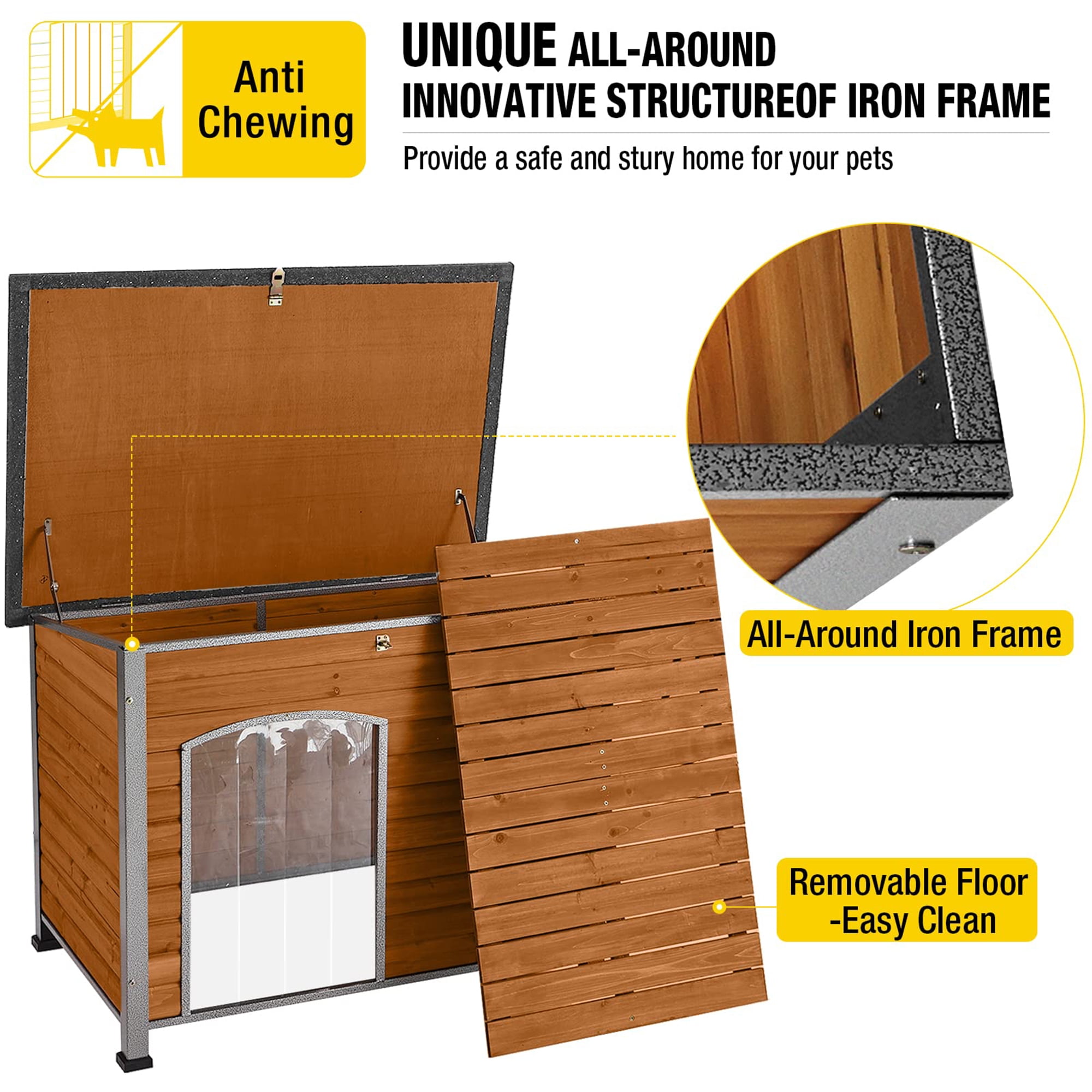 Aivituvin Wooden Dog House Anti-chewing Kennels for Outdoor & Indoor, Brown, Large