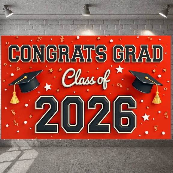 Red Background Congrats Grad Banner Star Pattern Graduation Backdrop Varsity Lettering Class of 2026 Display for High School Graduation College Graduation Graduation Party