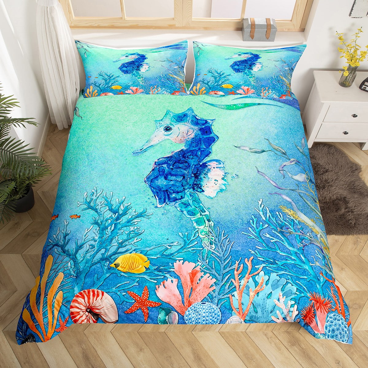 Seahorse Duvet Cover Full, Ombre 3D Seahorse Print Bedding Set Bedroom ...