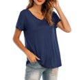 thumbnail image 3 of Camiseta mujer Nueva camiseta de mujer de moda Color sólido Cuello en V Manga corta Dobladillo redondeado Largo Casual Ropa de fiesta Tops de verano 1 1, 3 of 5