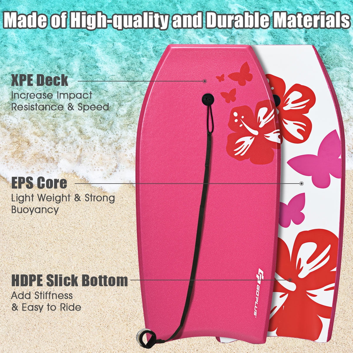 37" Lightweight Bodyboard Surfing w/Leash EPS Core Boarding IXPE for Sea Pink 