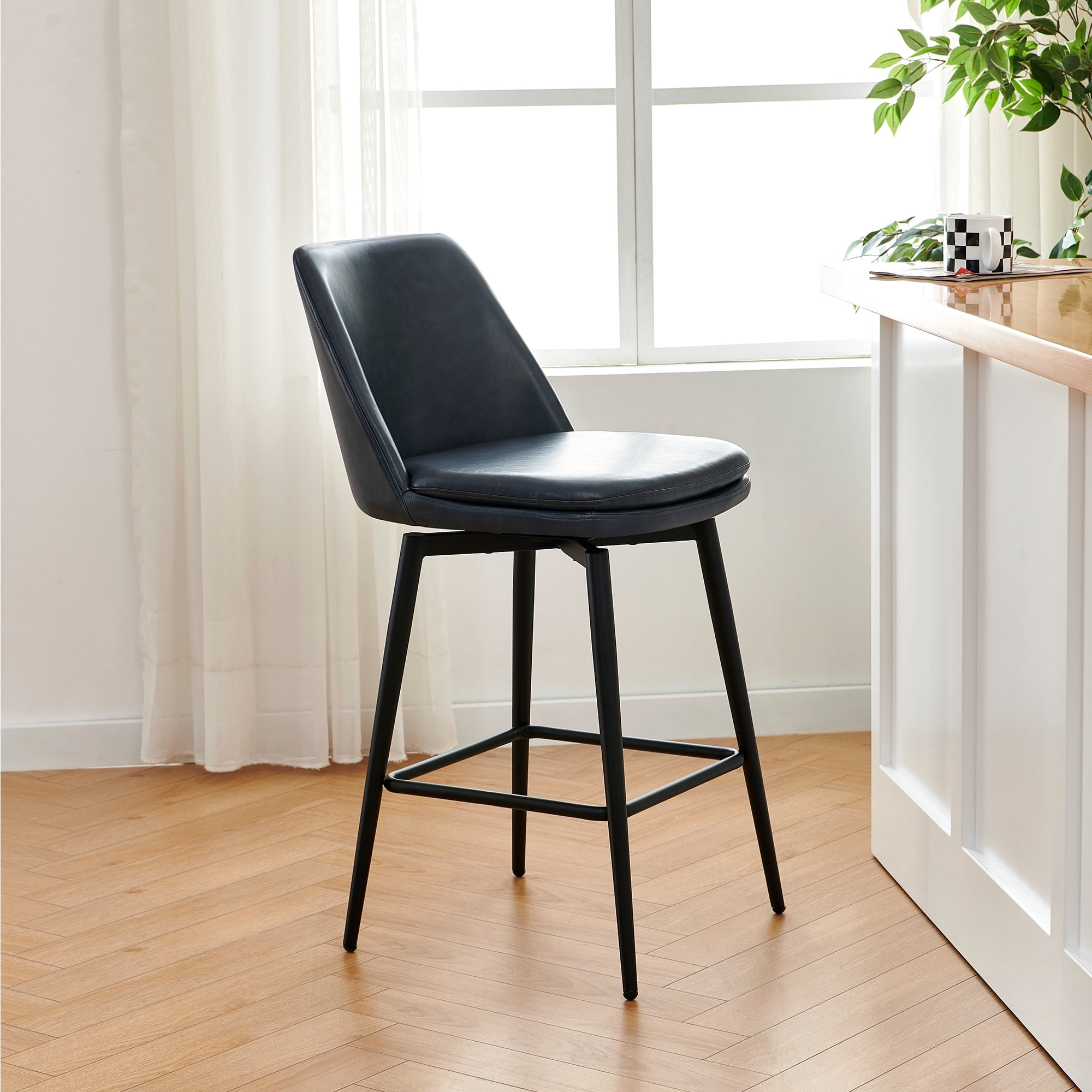 CHITA 27 inch Counter Height Swivel Bar Stools Low Back Set of 3, Metal Base, Faux Leather in Navy Blue