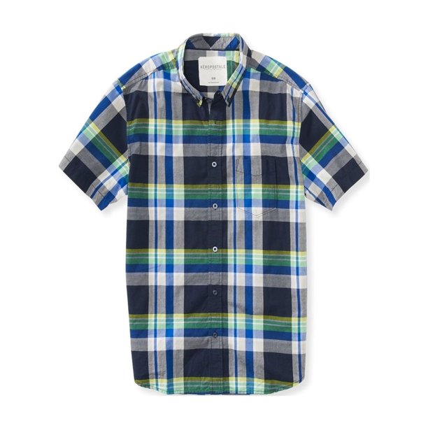 Aeropostale - Camisa con botones de popelina a cuadros para hombre, azul, grande
