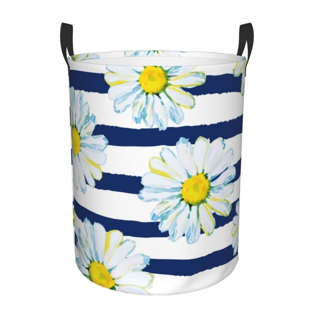 Balery Daisy Striped Nautical Cesta de ropa redonda con asas, impermeable, independiente, para ropa, juguetes, dormitorio y familia-Small