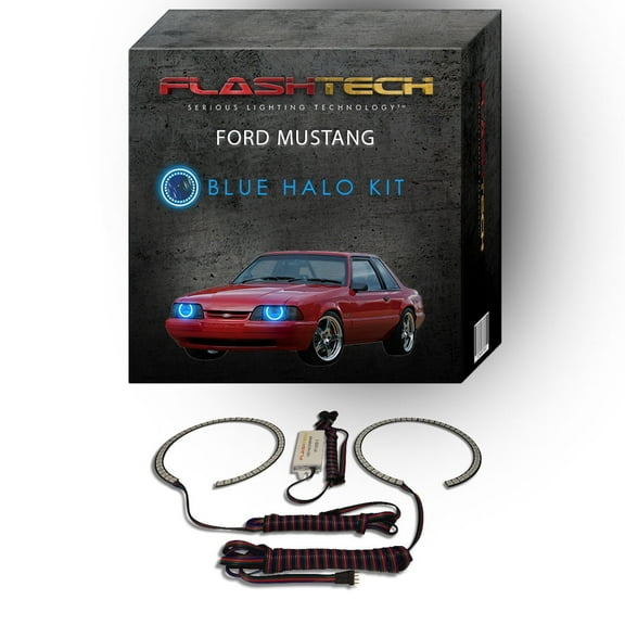Flashtech Blue Angel Eye LED Headlight Halo Ring kit for 1987-1993 Ford Mustang Headlights