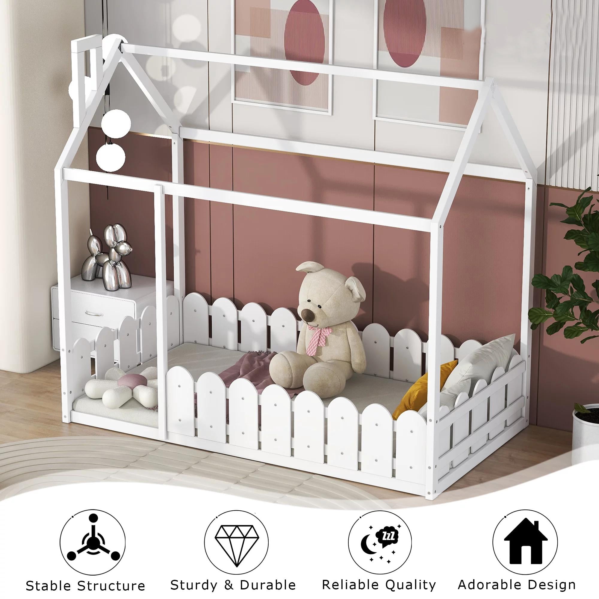 Gewnee Twin Size House Bed with Fence and Roof,Wood Floor Bed Frame for Toddlers and Kids,White