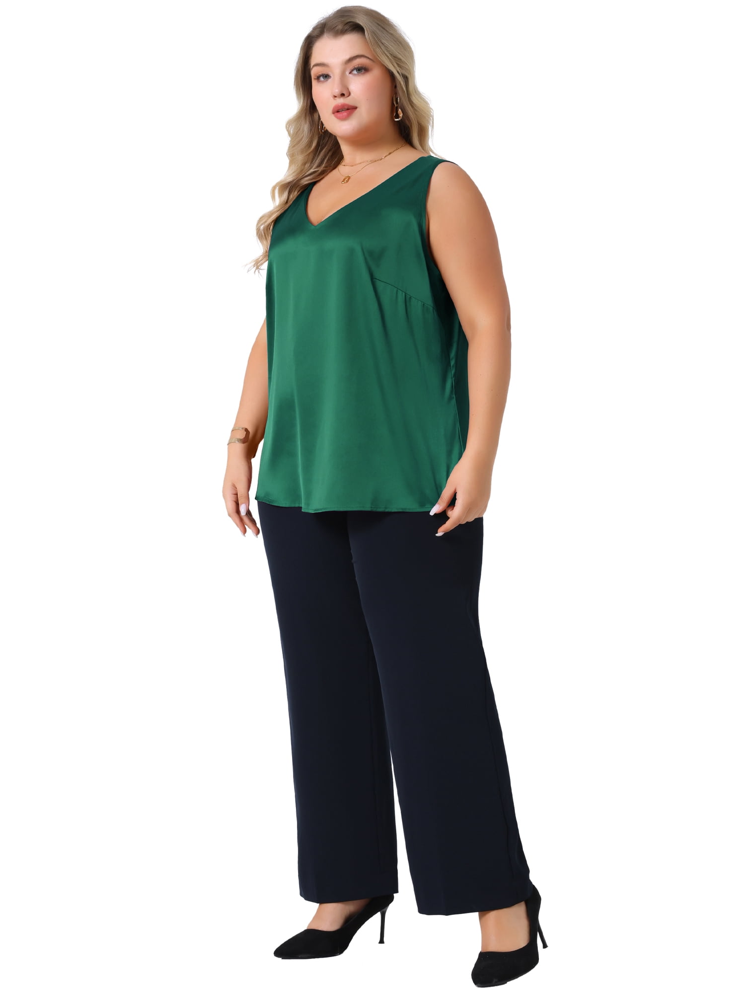 DARING DIVA Women's Plus Casual Silk Satin Tank Top V Neck Cami Blouse 1X Dark Green