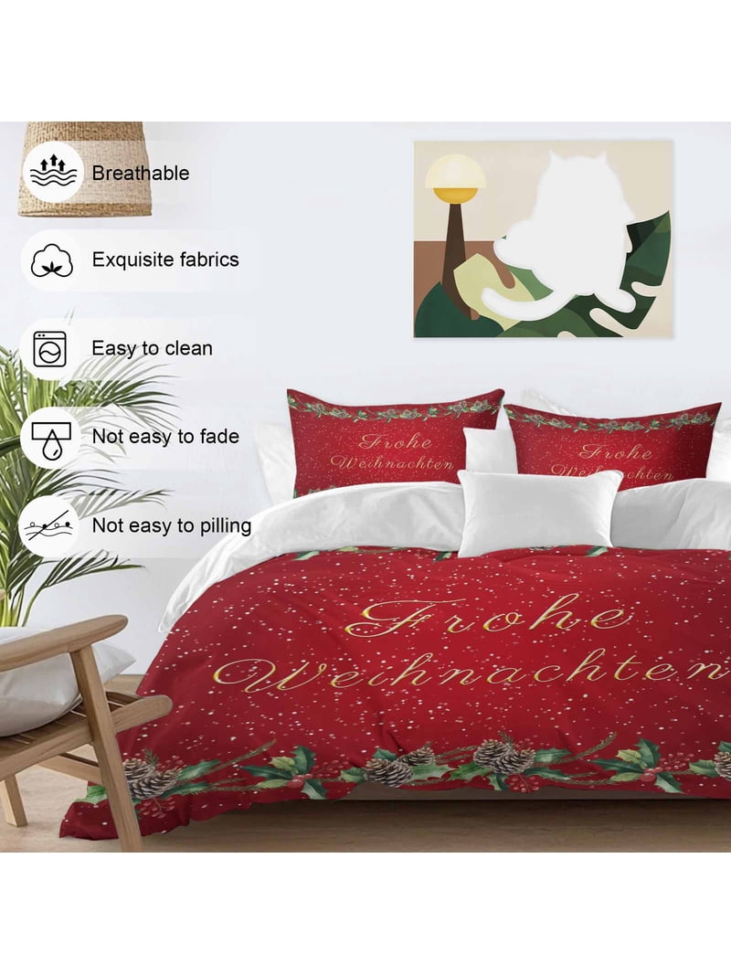 German Christmas Bedding Duvet Cover Set Queen Size 4 Pieces Pine Berries Holly Red Frohe Weihnachten Bedding Set with Zipper Closure, 1 Comforter